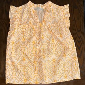 LOFT White and Yellow/ Orange Ruffle Sleeve Top